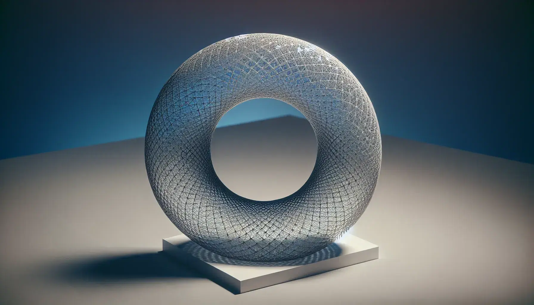 3D wireframe torus model with silver lines forming a hollow donut shape, set against a gradient blue background with a subtle shadow on a white surface.