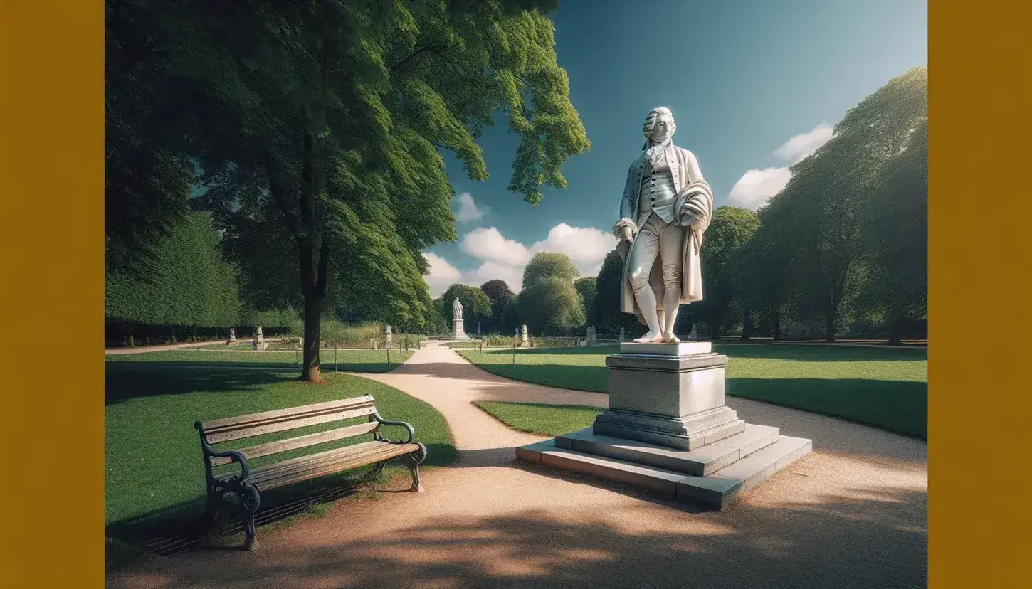 Estatua de mármol blanco de filósofo alemán en parque público, vestido al estilo del siglo XVIII, con banco de madera y camino de grava al lado.