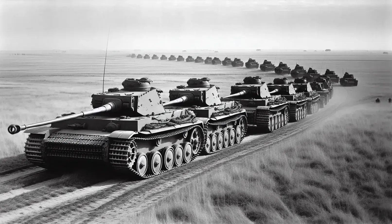 Carro armato Panzer IV tedesco in avanzata su terreno erboso durante la Seconda Guerra Mondiale, cielo sereno.