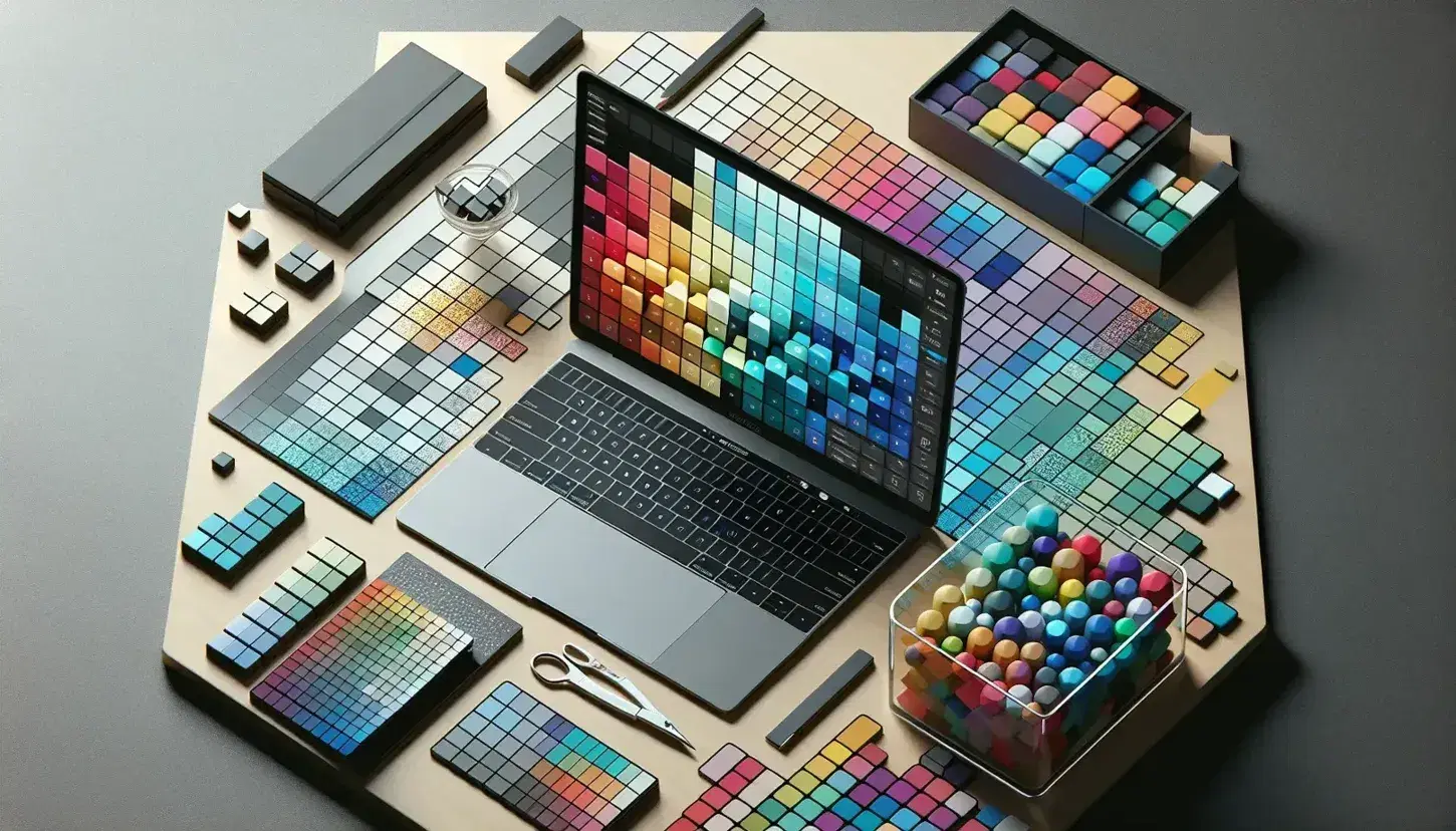 Organized desk with open laptop showing colorful blocks, jar of polished stones, steel scissors, tape measure and green plant.