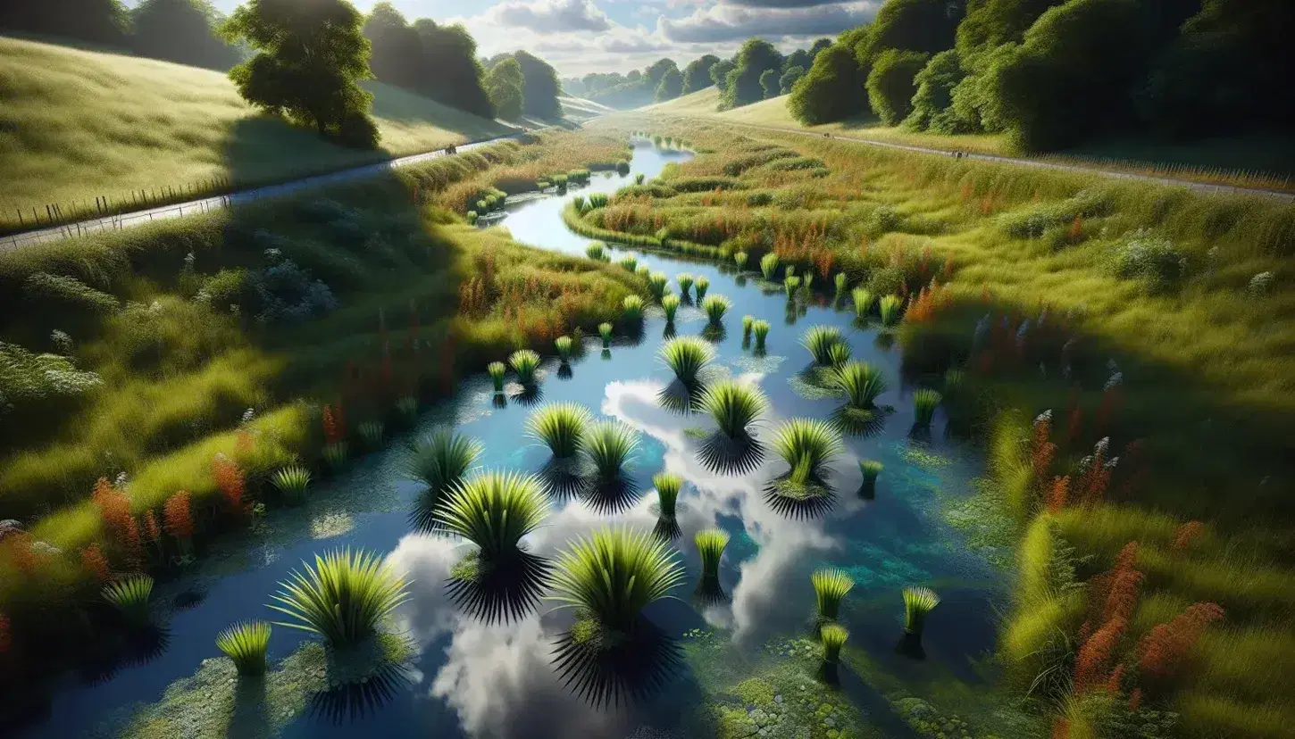 Canal de agua serpenteante en paisaje verde con reflejo del cielo azul y nubes, rodeado de vegetación y sin presencia de estructuras artificiales.