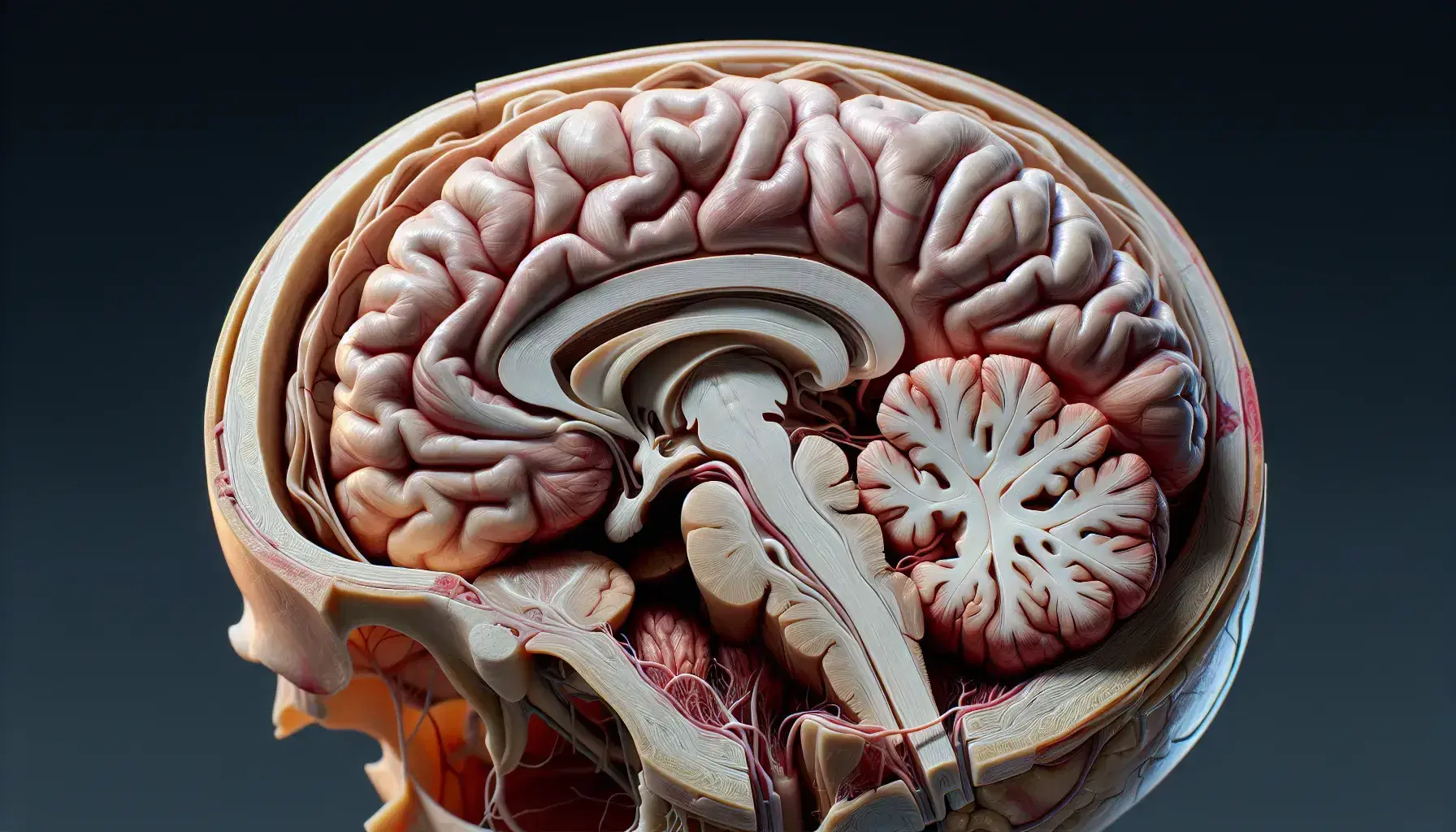 Detailed lateral view of the human brain inside the open skull, with evident cortical sulci and gyri, cerebellum and brainstem.