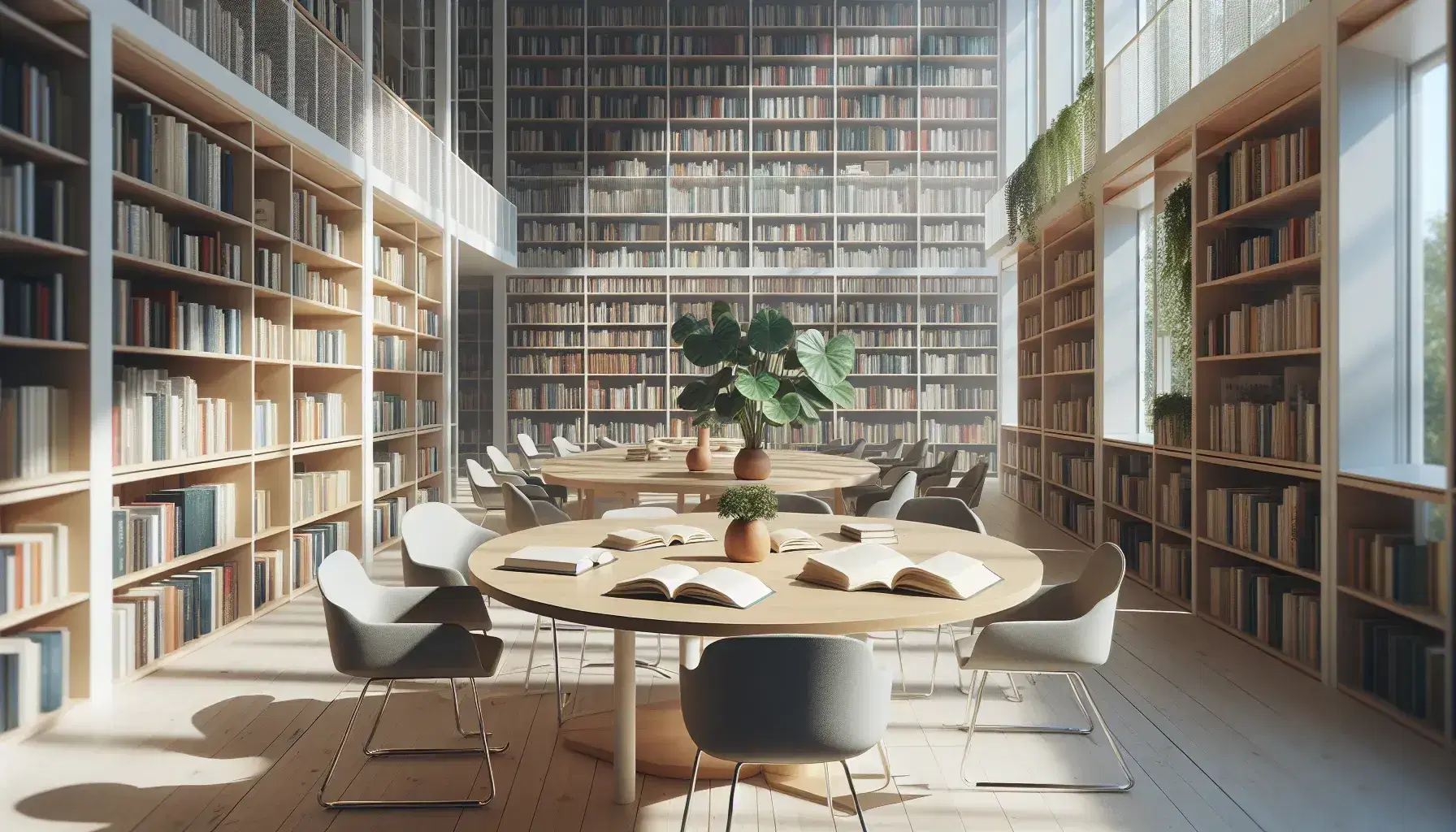 Biblioteca moderna y luminosa con mesa de madera clara rodeada de sillas ergonómicas, estanterías llenas de libros coloridos y ventana grande que aporta luz natural.