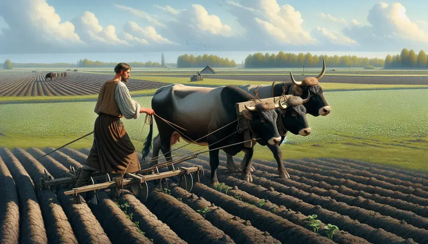 Contadino medievale lavora la terra con aratro trainato da buoi in un campo fertile, sotto un cielo leggermente nuvoloso.
