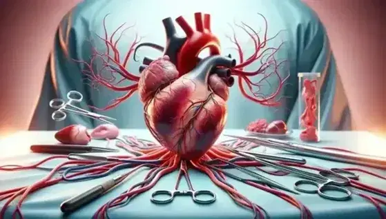 Detailed human heart with red arteries and blue veins, surgical instruments on light blue cloth and blurred silhouette of a waiting surgeon.