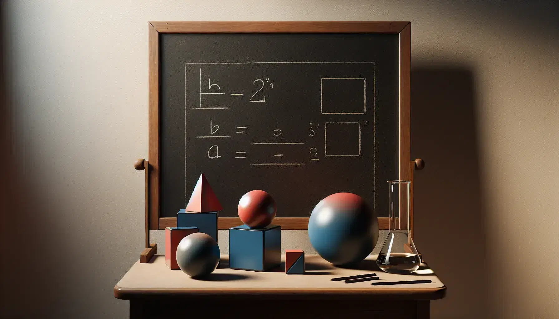 Blackboard on wooden easel with clean surface, wooden desk holding red sphere, blue cube, yellow pyramid, and beaker with clear liquid.
