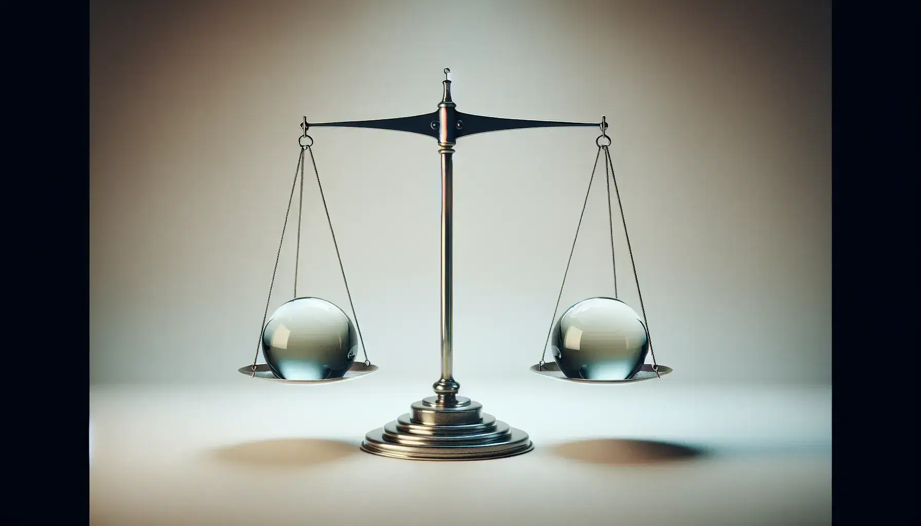 Balanced legal scale with two identical glass spheres on a plain background, symbolizing equality and justice, with soft lighting and shadows.