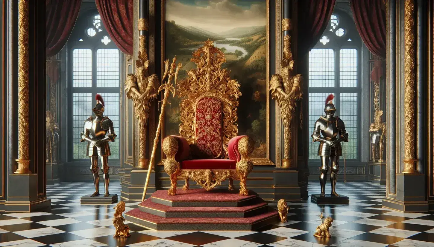 Majestic Renaissance throne room with gilded throne, red velvet canopy, flanked by suits of armor on marble floor, under natural light.