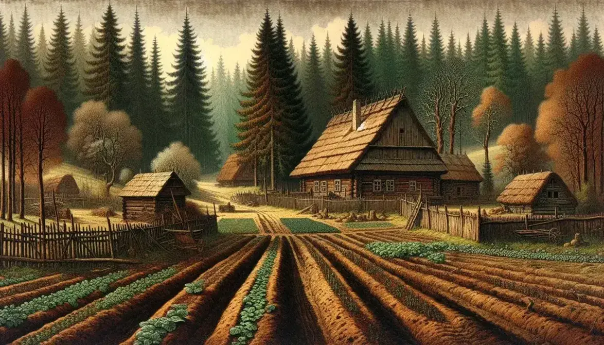 Scena rurale del Medioevo con casa in legno e tetto di paglia, recinto, orto, sentiero nel bosco e campo arato sotto cielo azzurro.