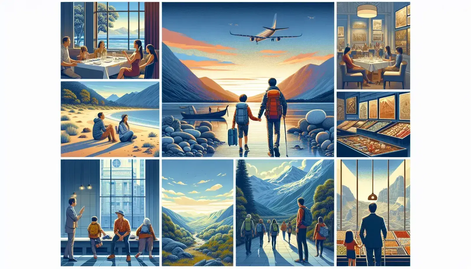 Mosaico di scene turistiche: coppia su spiaggia al tramonto, escursionisti in montagna, famiglia in museo, uomo in hotel, mercato all'aperto, parco divertimenti, anziani in parco, immersione subacquea e aeroporto.