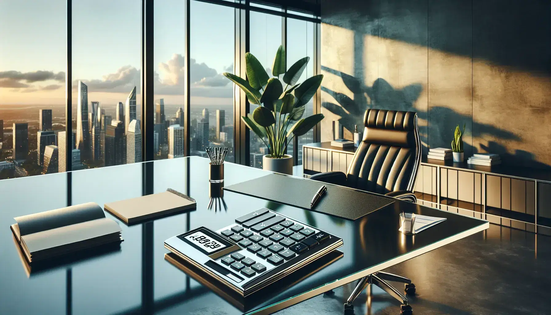 Modern office with glass desk, calculator, blank papers, notebook with pen, and panoramic window overlooking a sunset cityscape, complemented by a potted plant.
