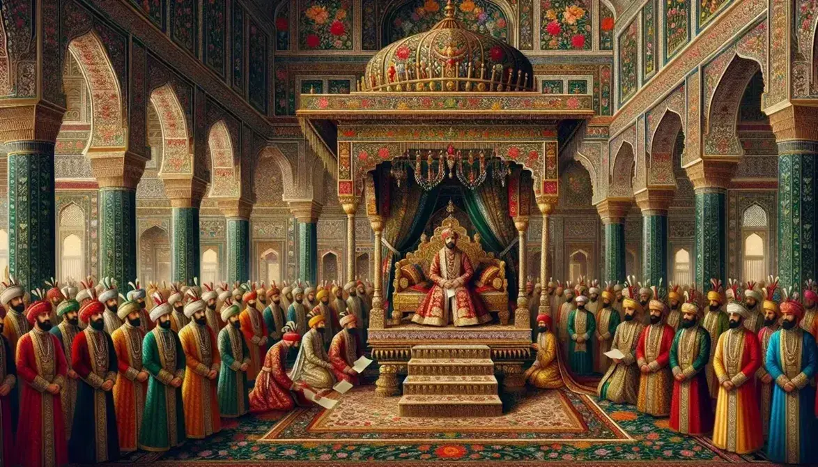 Majestic Mughal court scene with ruler on ornate throne, flanked by vibrantly dressed courtiers and kneeling officials on Persian carpet, amidst marble pillars.