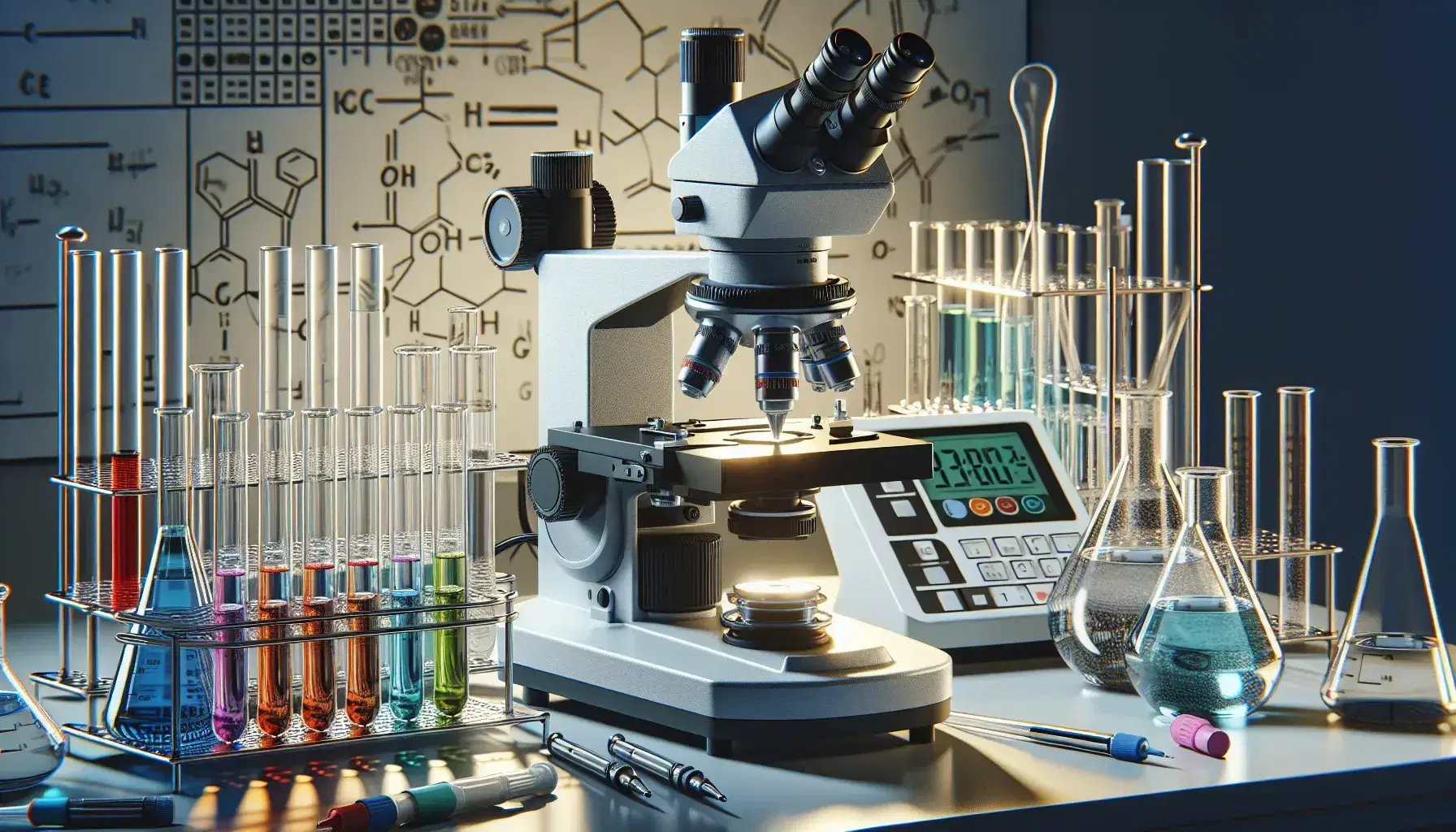 Laboratorio científico con microscopio, pipetas de colores, tubos de ensayo con líquidos y balanza analítica.