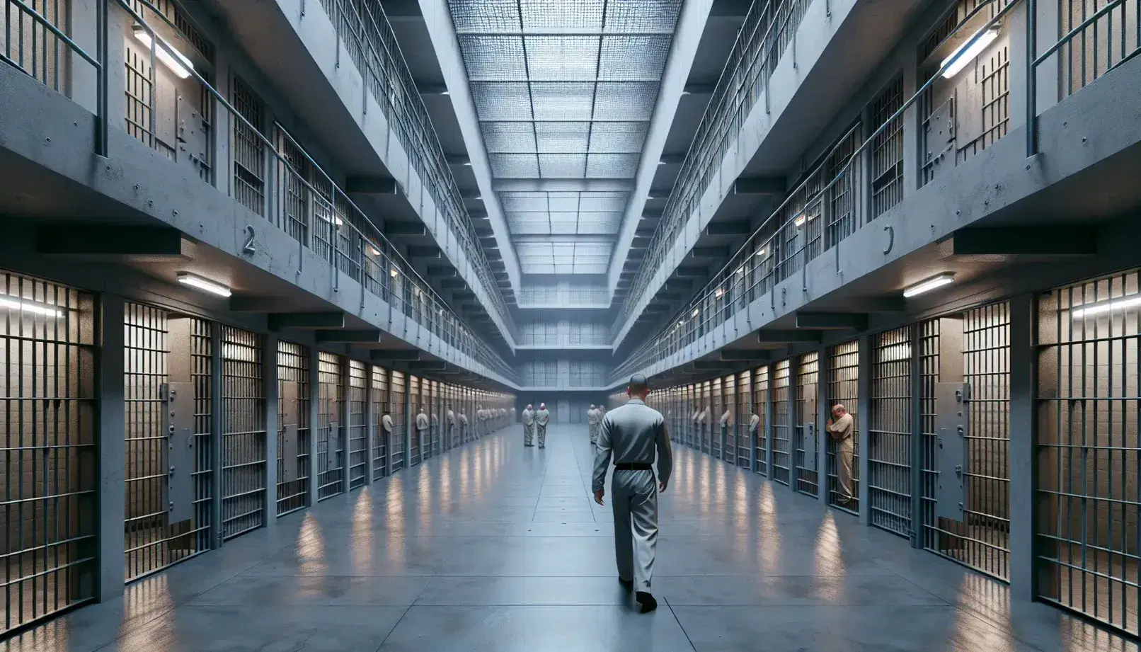 Interior de una prisión con pasillo central, celdas con barrotes y figura de vigilante caminando, iluminación fluorescente y puerta metálica al fondo.
