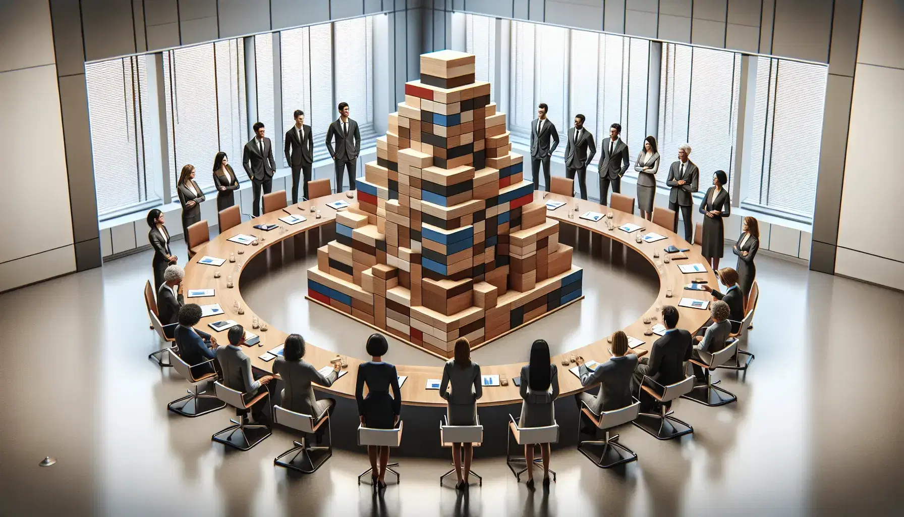 Grupo multicultural de profesionales analiza modelo de estructura organizacional con bloques de madera en sala de reuniones iluminada.
