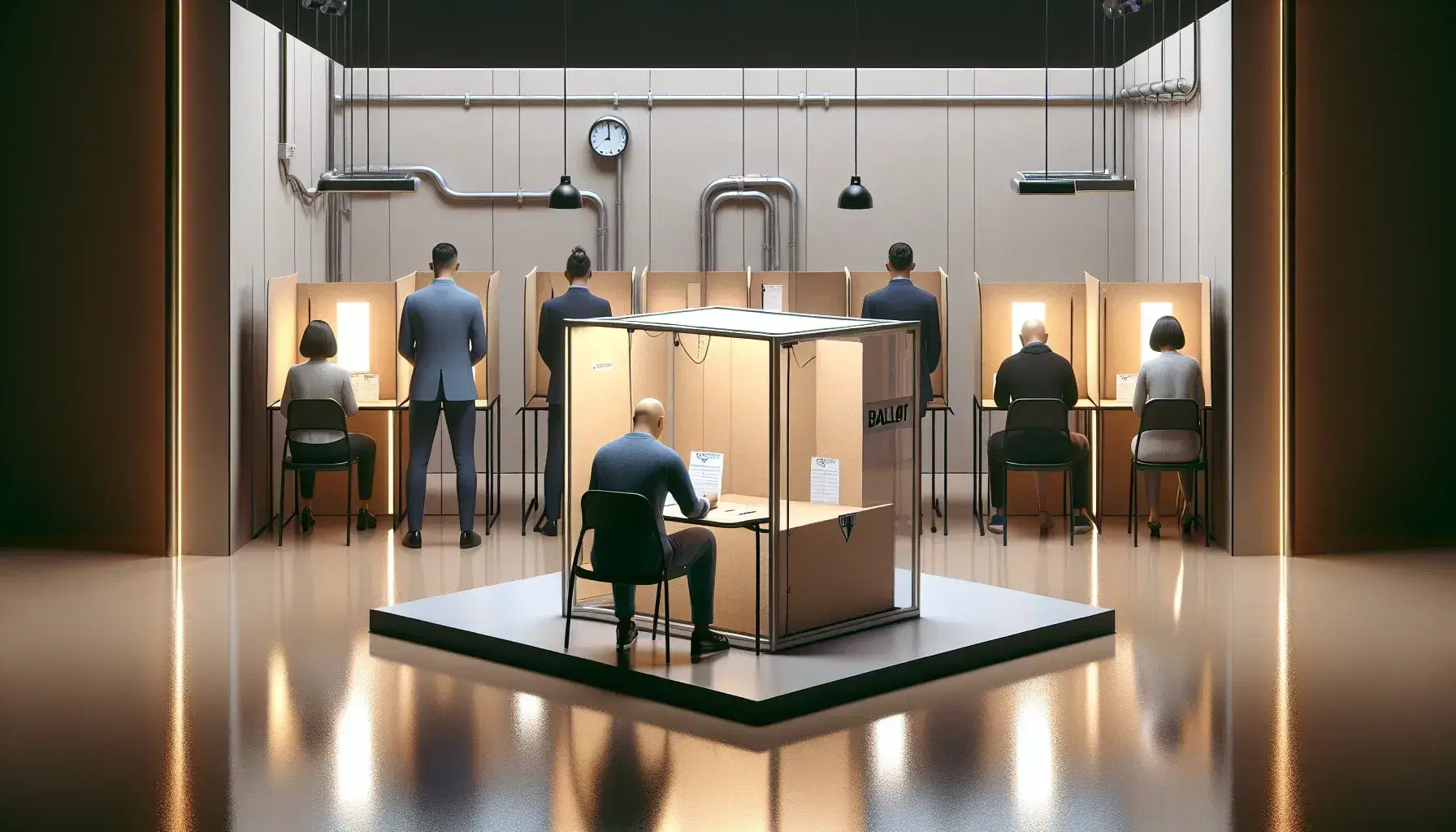 Cabina elettorale con tenda blu, elettori in fila e scrutatori dietro urna trasparente in sala da voto illuminata.