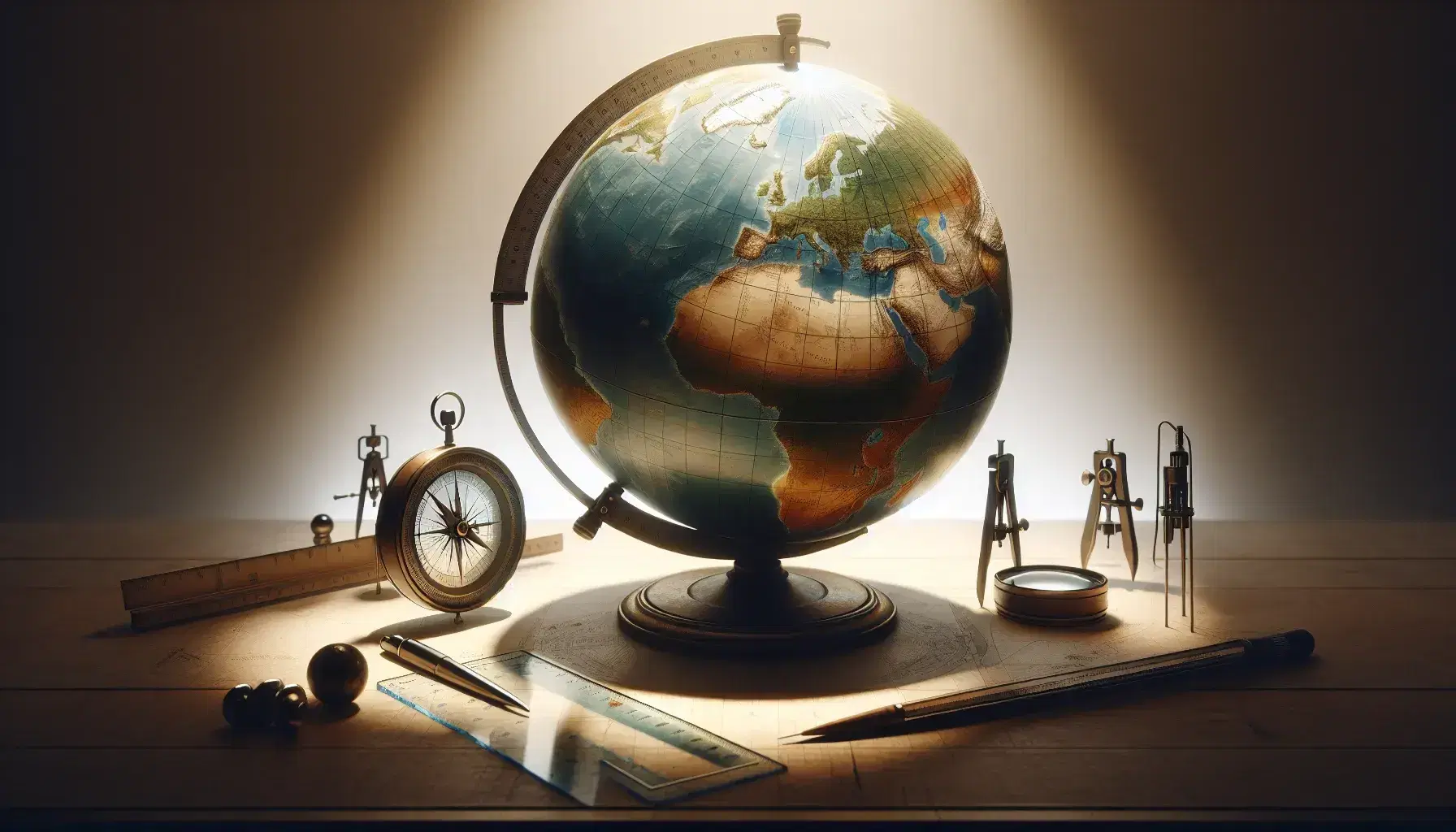 Mappamondo terrestre illuminato al centro con strumenti cartografici quali compasso, righello trasparente e lente d'ingrandimento su sfondo neutro.