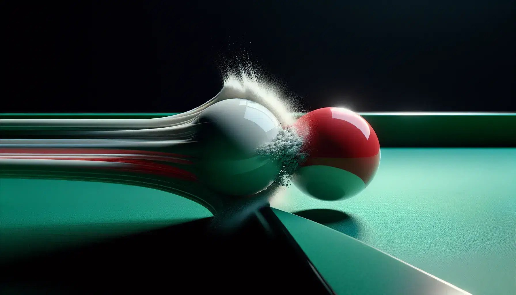 High-speed photograph capturing the precise moment a white cue ball strikes a red ball on a green felt pool table, illustrating momentum transfer.