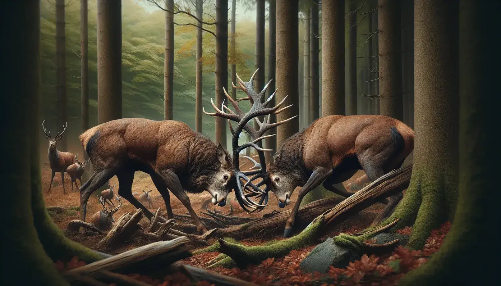 Two male deer with tangled antlers in a fight for dominance in an autumn clearing, surrounded by does and a lush forest.