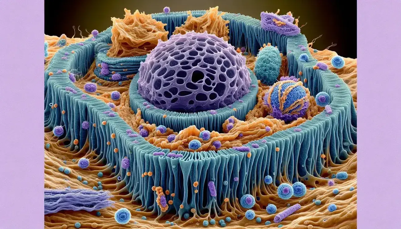 Vista microscópica de célula eucariota con núcleo púrpura, retículo endoplásmico rugoso y liso, complejo de Golgi y mitocondrias.