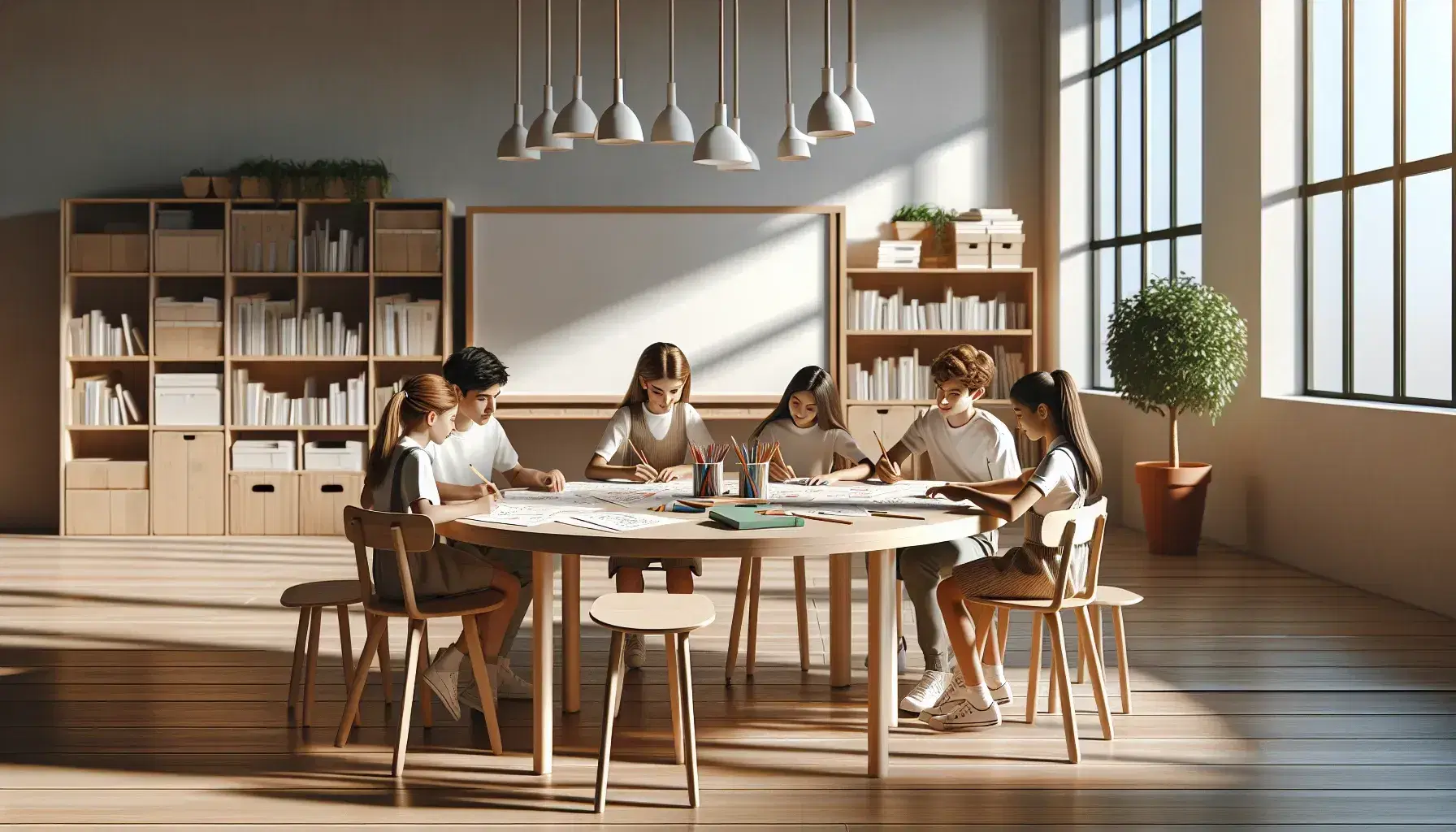 Aula espaciosa con luz natural y estudiantes de diversas edades colaborando en un proyecto en una mesa redonda, rodeados de pizarrón blanco, estantería con libros y planta verde.