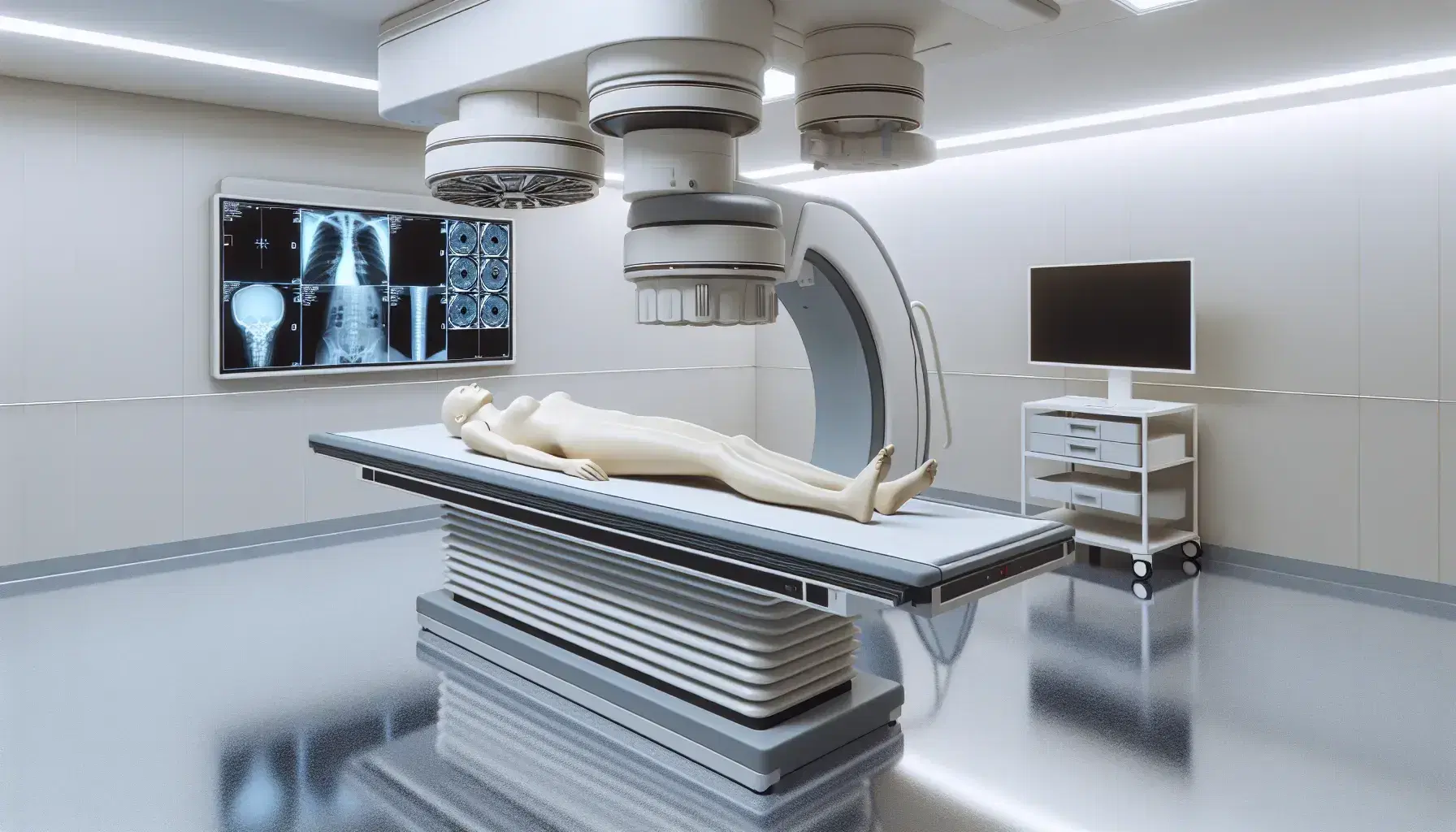 Sala de radiología moderna con mesa de examen y maniquí sobre ella, brazo articulado con tubo de rayos X y monitor apagado al lado.