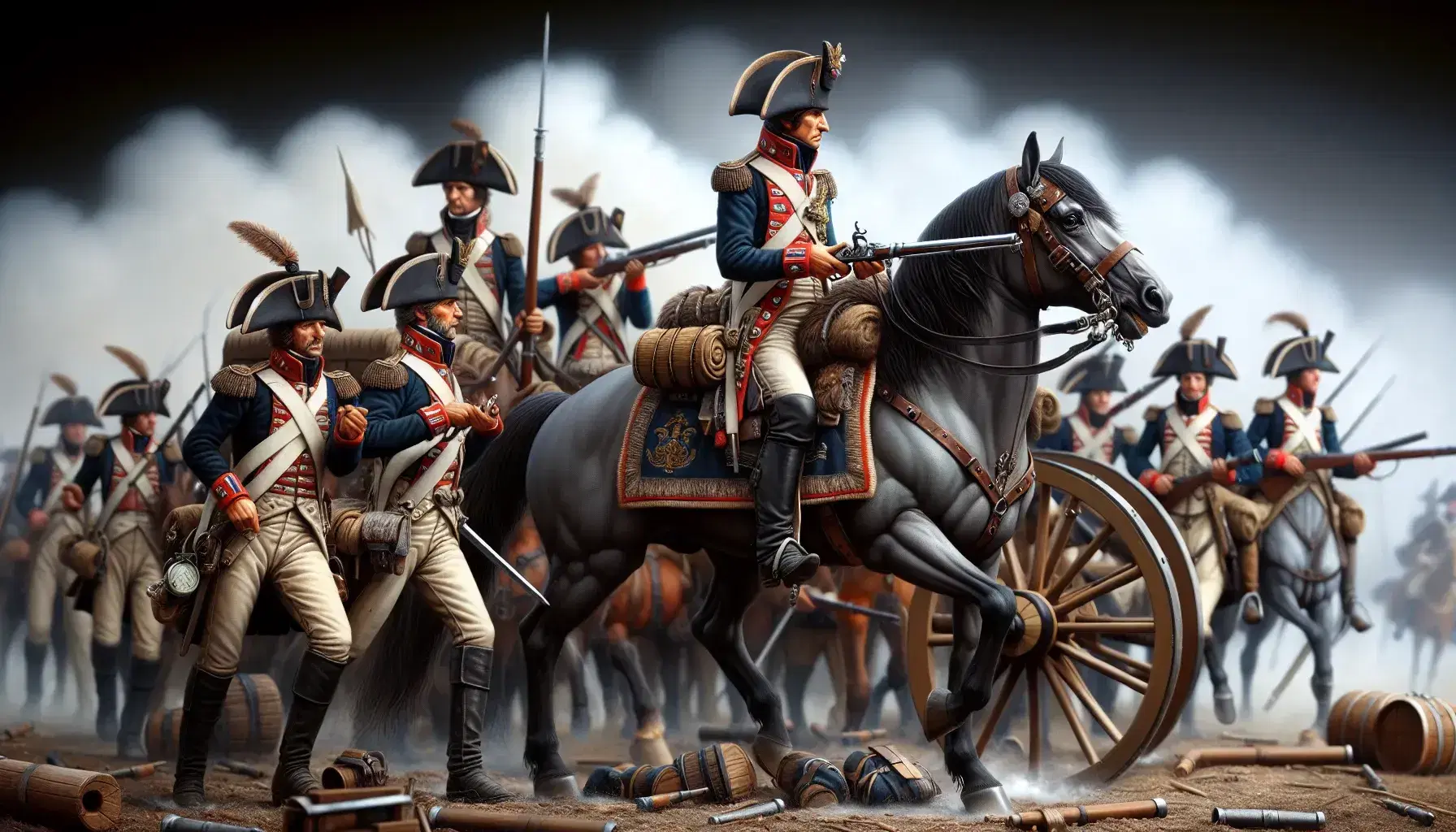 Rievocazione storica di una battaglia del XVIII secolo con soldati in uniforme, cavaliere con spada e cannone fumante.
