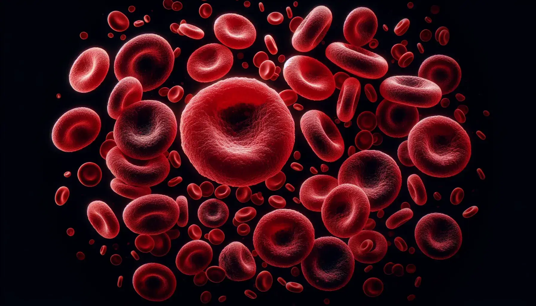 Micrografía electrónica de alta resolución mostrando glóbulos rojos humanos biconcavos y células esféricas indicativas de esferocitosis sobre fondo negro.