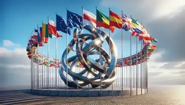 Bandiere nazionali dell'Unione Europea ondeggianti in cerchio con scultura centrale di anelli intrecciati che simboleggiano unità su base di pietra, sotto un cielo azzurro.