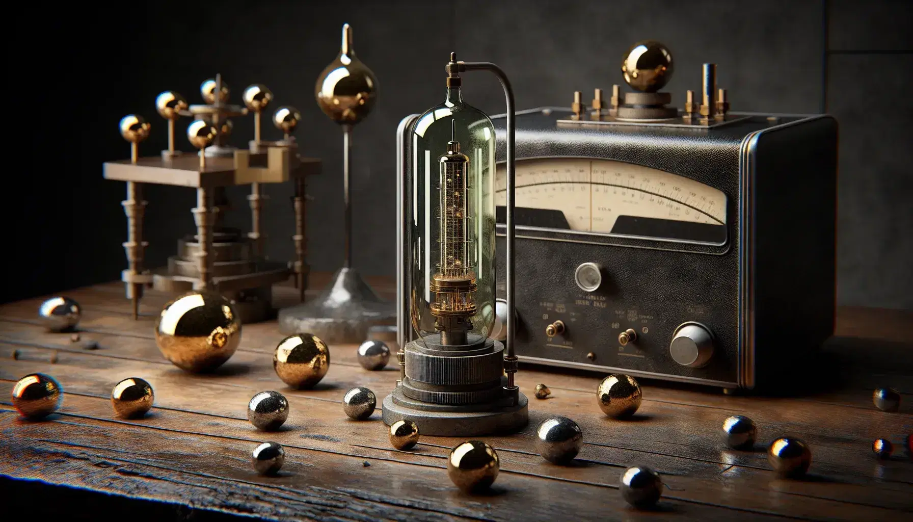 Vintage laboratory with a cathode ray tube connected to a vacuum pump, scattered gold foil pieces, a scientific balance with weights, and an oil-drop experiment setup.