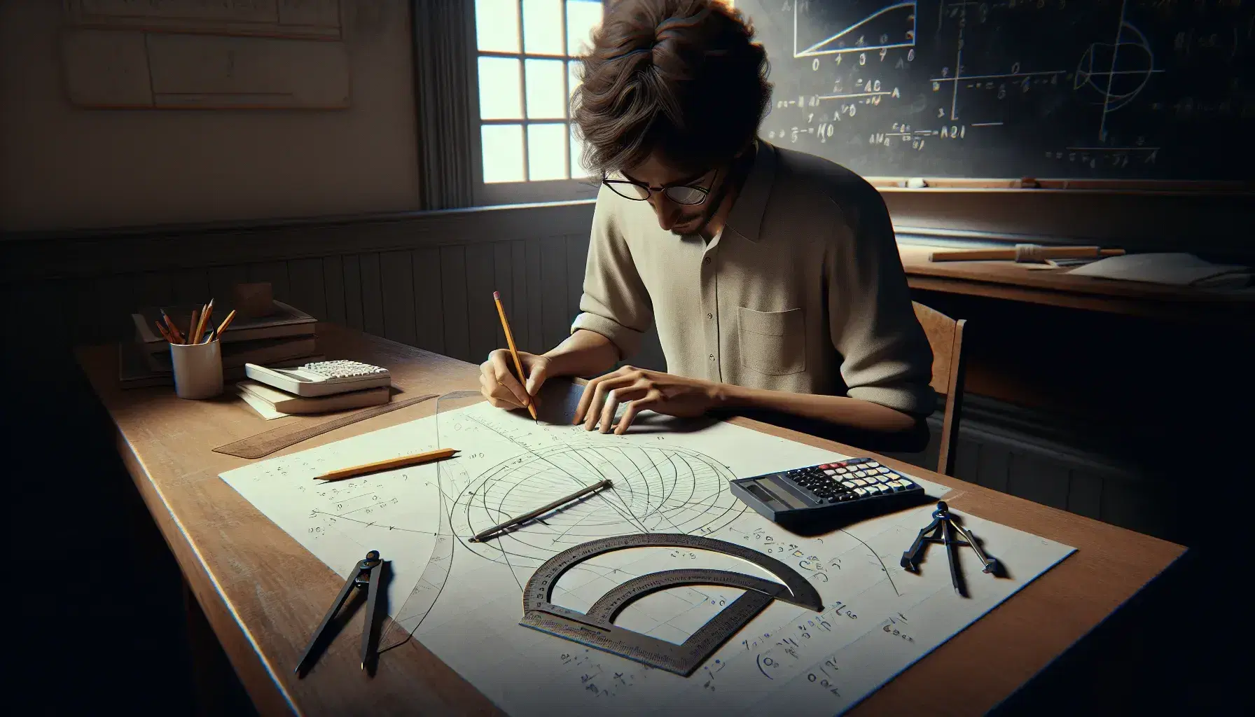 Person engrossed in solving a complex math problem at a desk with scientific calculator, protractor, compass, ruler, and a blank blackboard in the background.