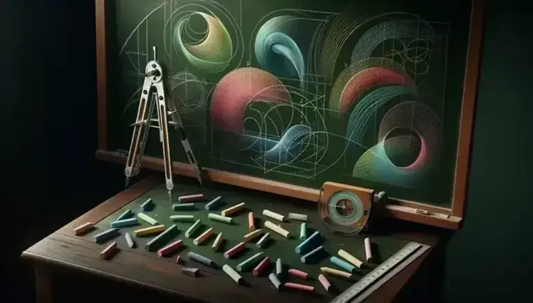 Lavagna scolastica verde con curve colorate e forme geometriche, compasso e squadra trasparente, righello di legno e gessetti colorati su tavolo.