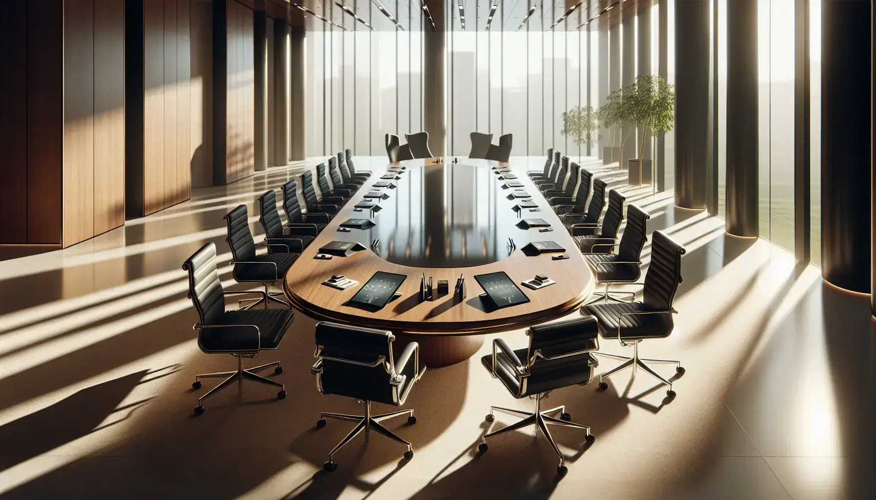 Modern boardroom with oval wooden table, black leather chairs, digital tablets, ambient lighting, and a vibrant potted plant in a corner.