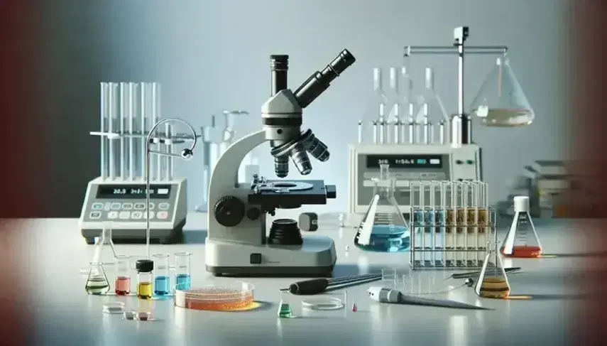Microscopio negro y plateado en mesa de laboratorio con tubos de ensayo coloridos, pipeta, plato de Petri y balanza analítica al fondo.