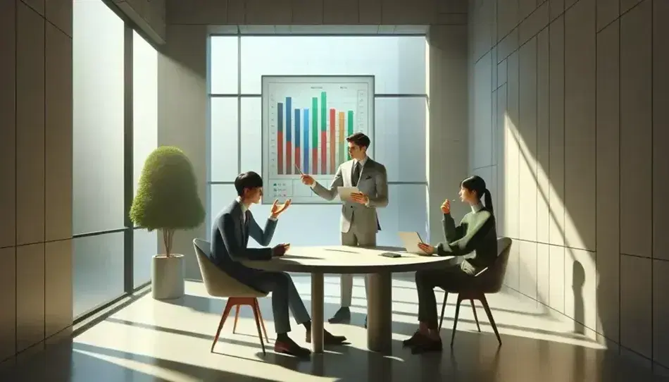 Three professionals in a meeting around a table with a plant, one gesturing, another viewing a colorful chart on a tablet, and the third taking notes.