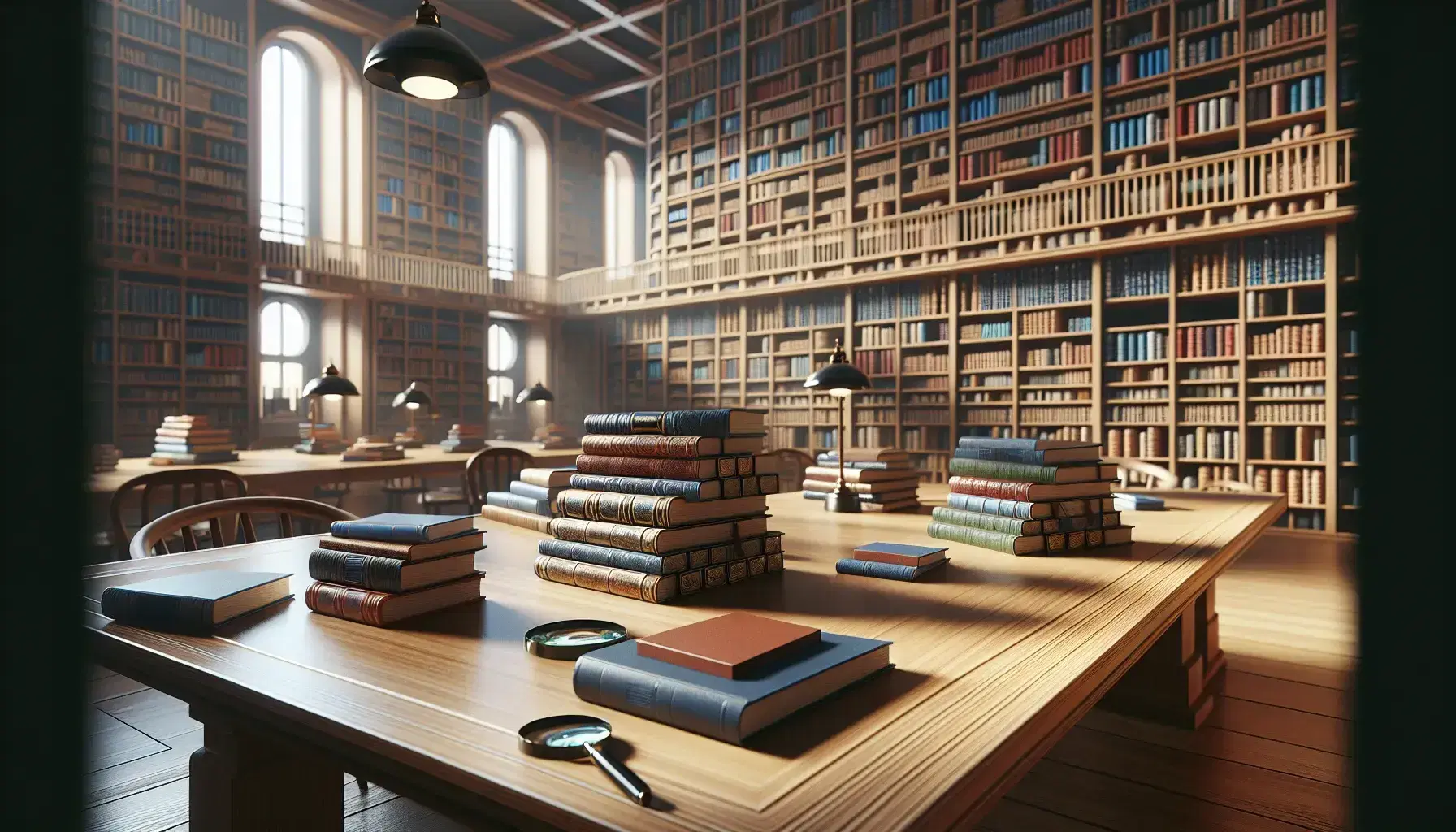 Biblioteca amplia y luminosa con mesa de madera y libros apilados, lupa, estantes repletos de libros y silla con cojín beige.