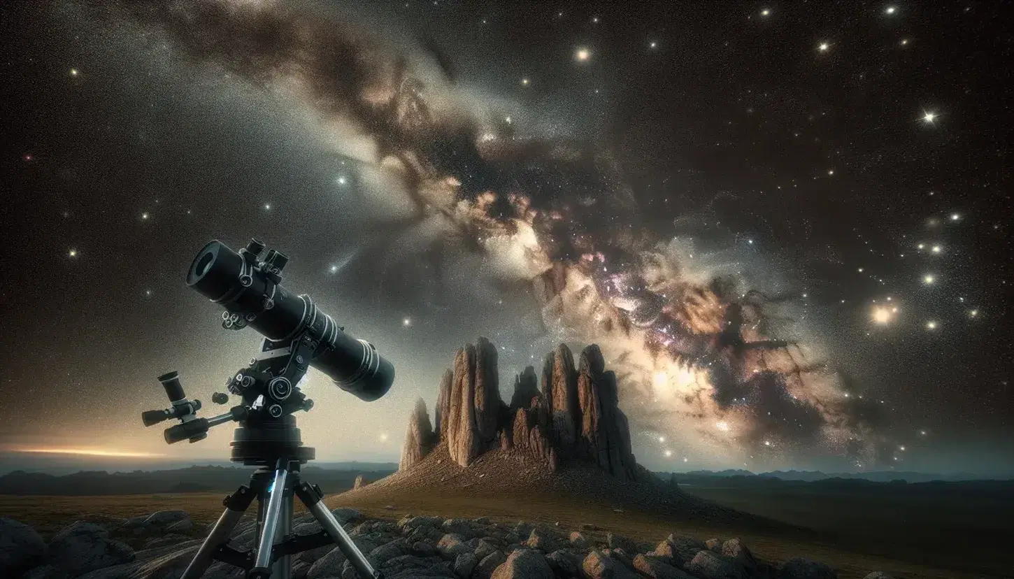 Vista notturna della Via Lattea con stelle brillanti su cielo scuro, formazioni rocciose in primo piano e telescopio astronomico a destra.