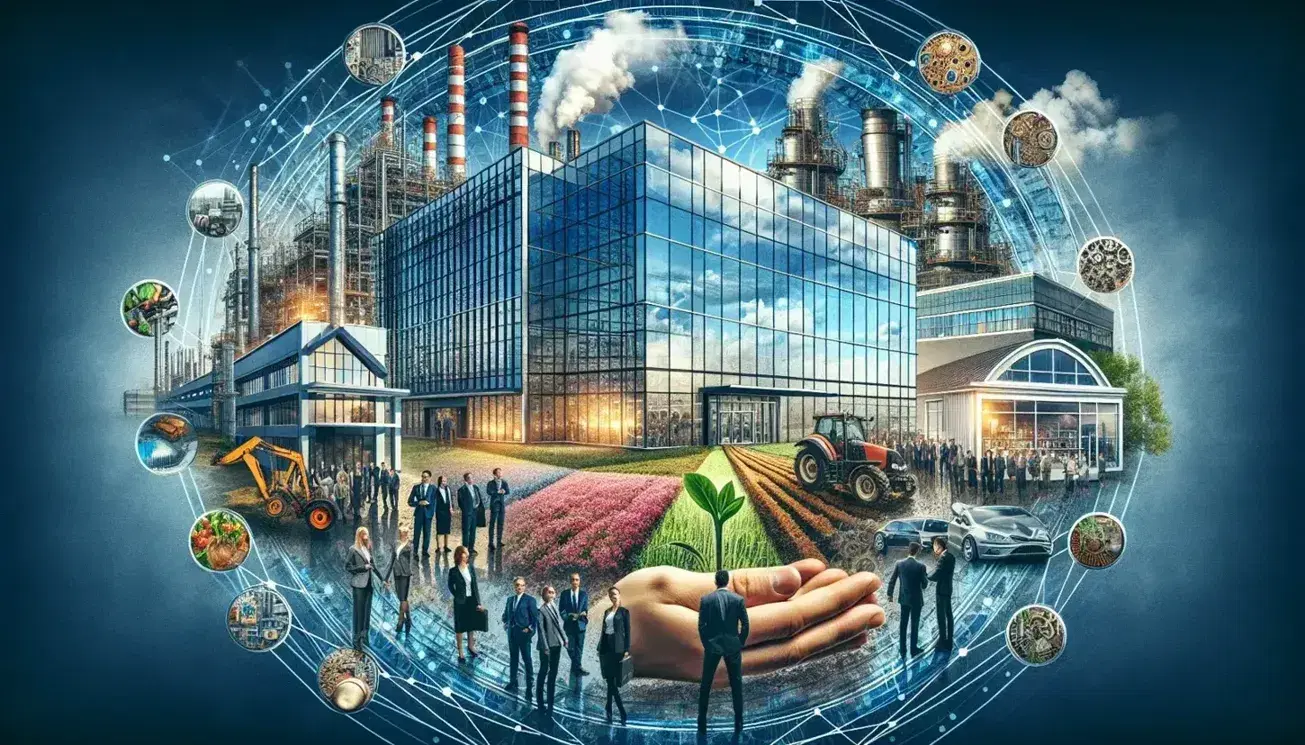 Collage de elementos empresariales con edificio corporativo moderno, equipo de negocios, fábrica industrial, tienda minorista, campo agrícola y brote verde.