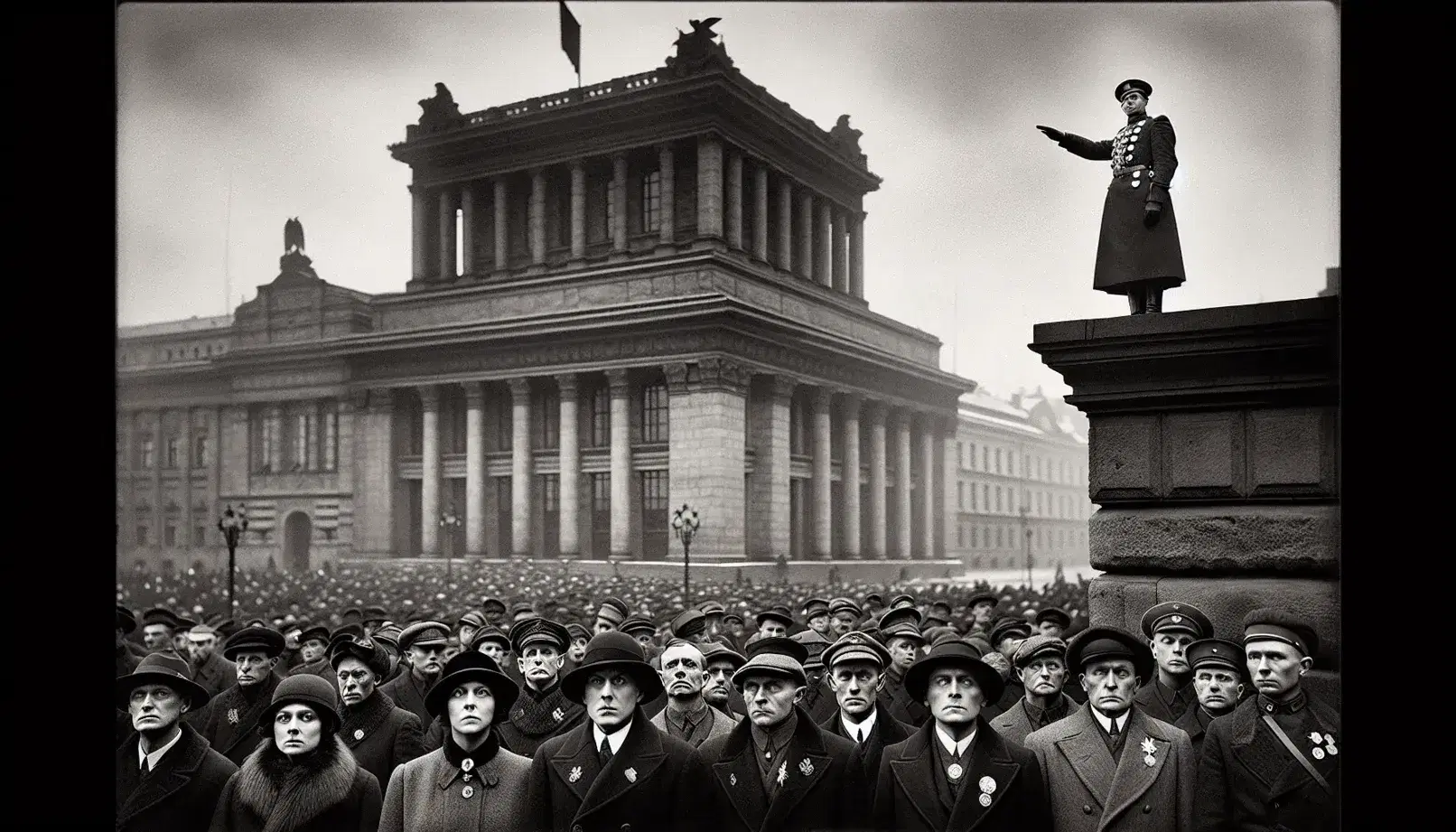 1920s-1930s European city square with people in period attire looking at a saluting military figure on a neoclassical building balcony.