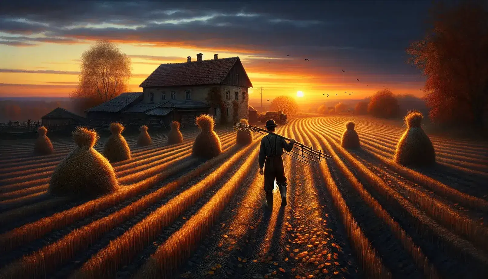 Tramonto in campagna con contadino, covoni di grano dorati, casa rurale e uccelli migratori in volo sul cielo infuocato.