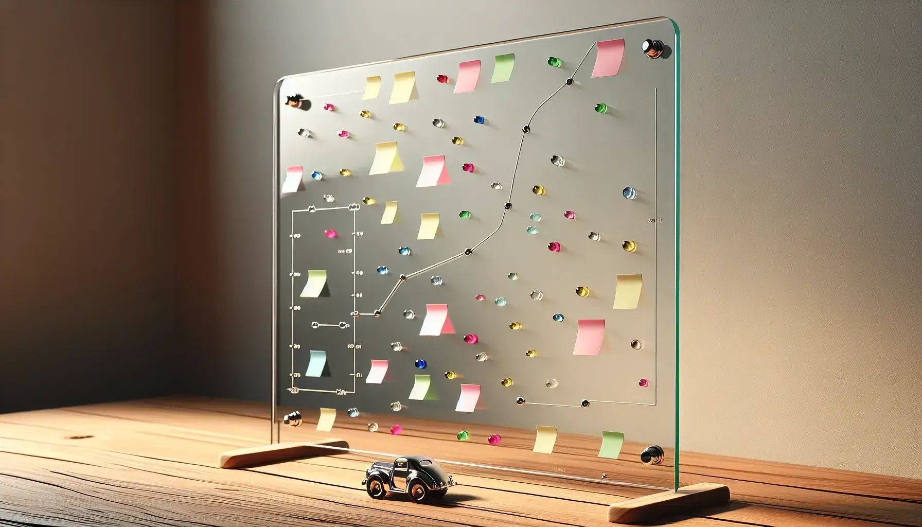 Glass whiteboard with colorful post-it notes arranged diagonally and silver toy car at the beginning, steel ruler on wooden table.