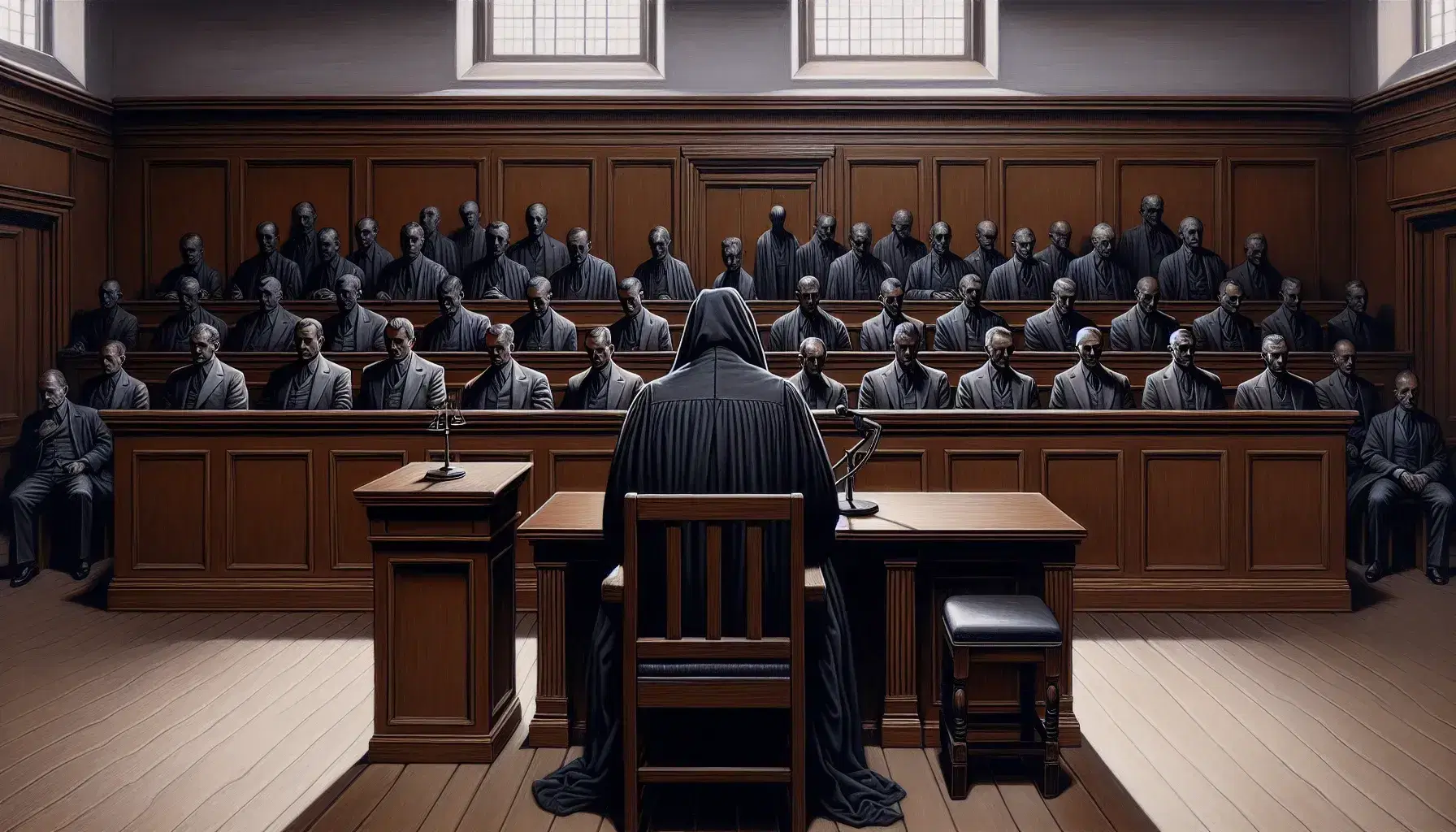 Solemn court scene with a dark wooden judge's bench, a figure in a black robe, a lawyer at the microphone and spectators sitting neatly.
