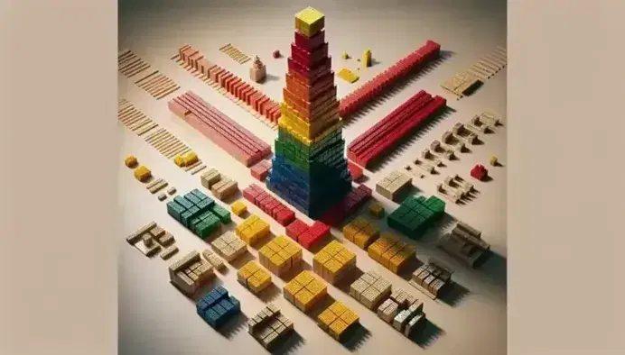 Torre di mattoncini colorati impilati in ordine decrescente con base rossa e cima blu, circondata da gruppi assortiti e pile dorate isolate.