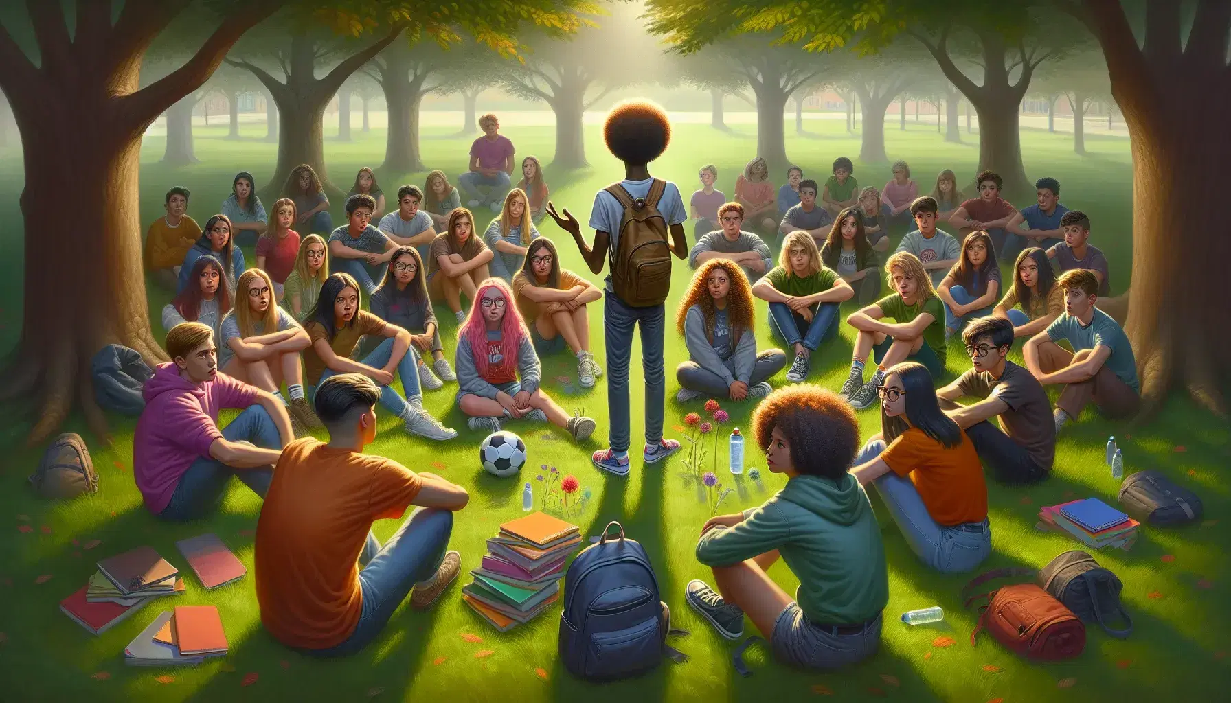Grupo diverso de adolescentes atentos a compañero que explica algo en parque soleado, con mochila, libros y balón de fútbol a un lado.