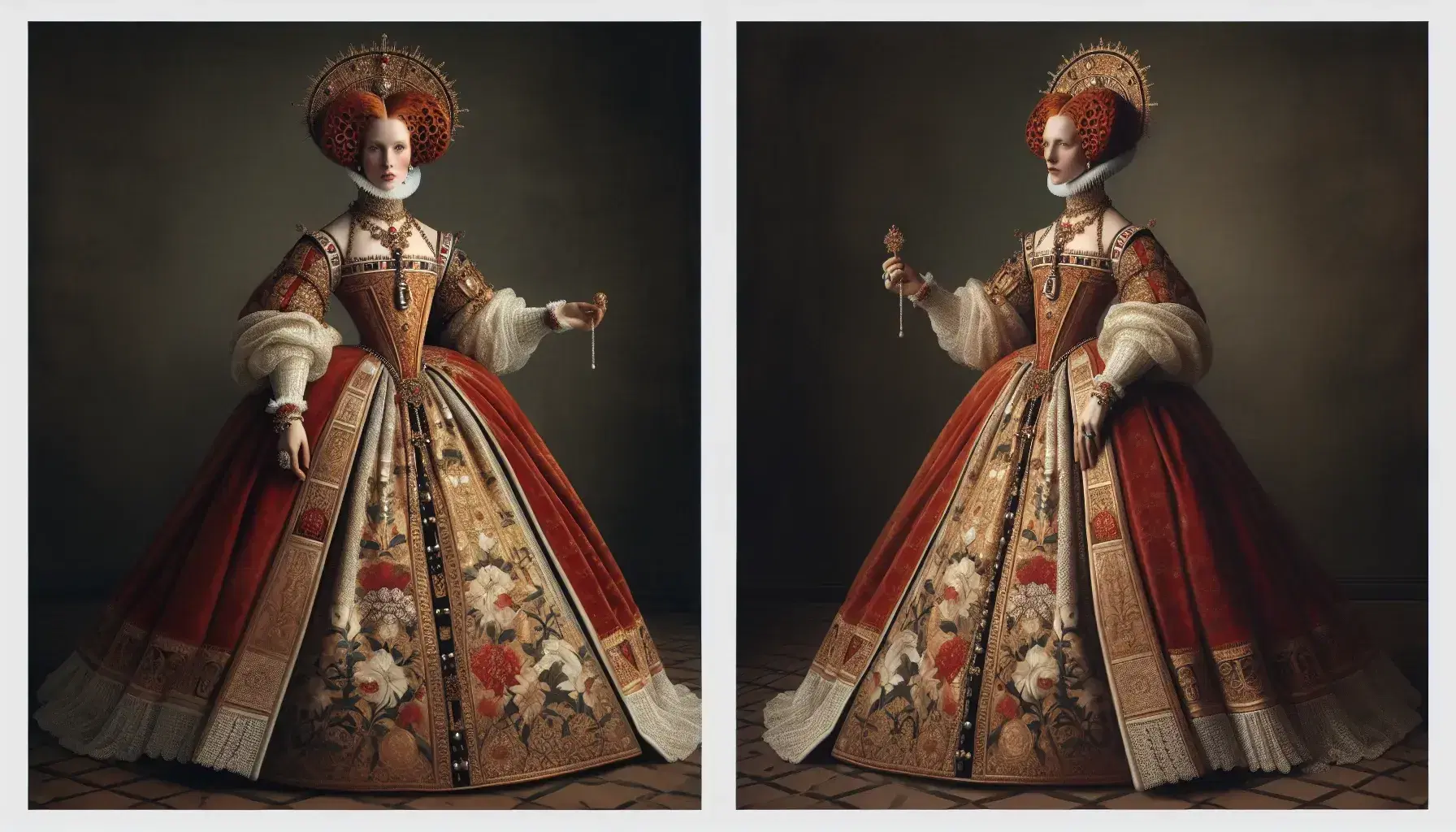 Ritratto di figura storica femminile con abito rinascimentale rosso, corona d'oro e scettro, simboli di potere regale.