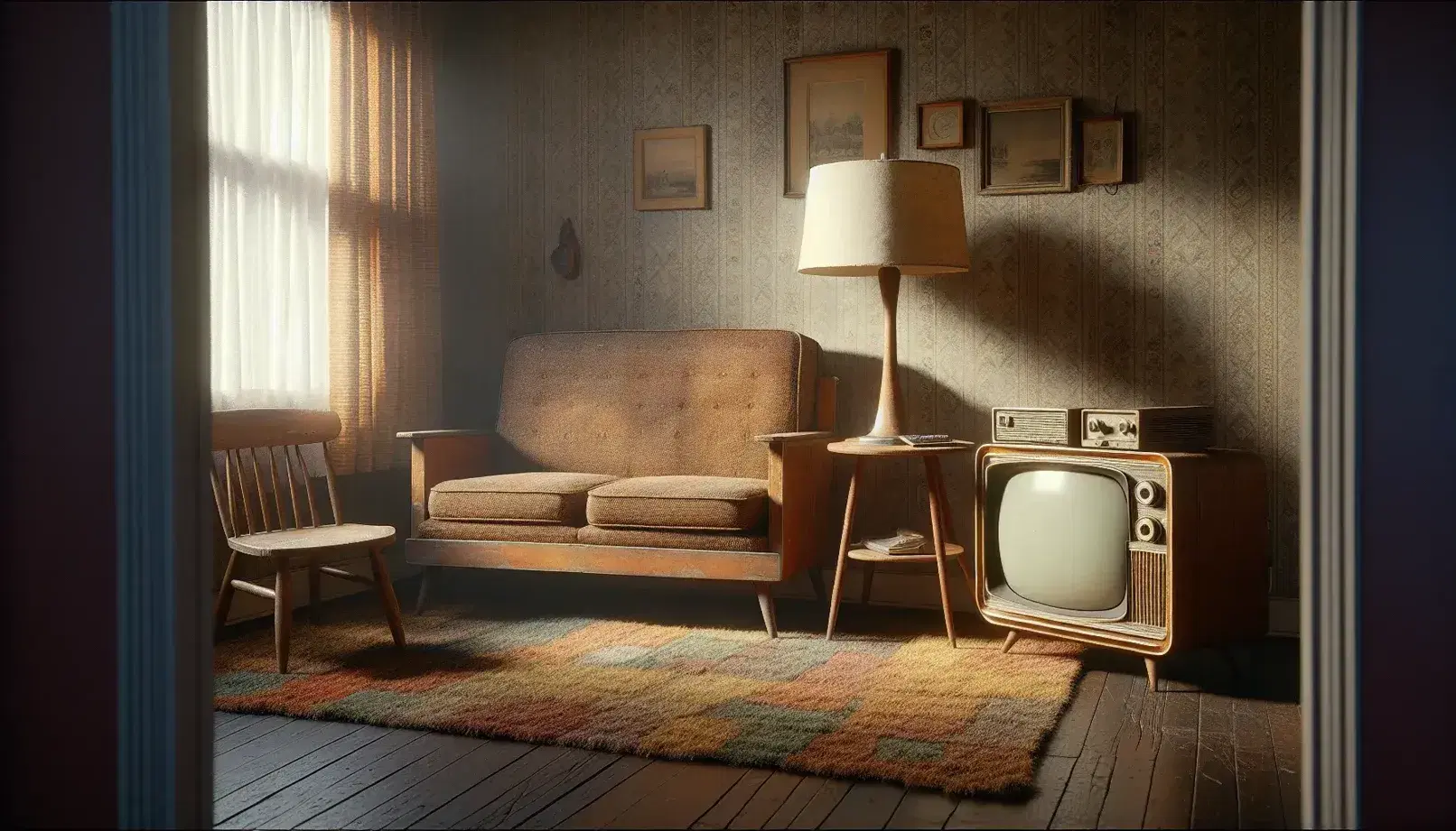 1950s living room with a worn brown sofa, wooden armchair, round side table with a lamp, and a vintage black-and-white TV on a stand.
