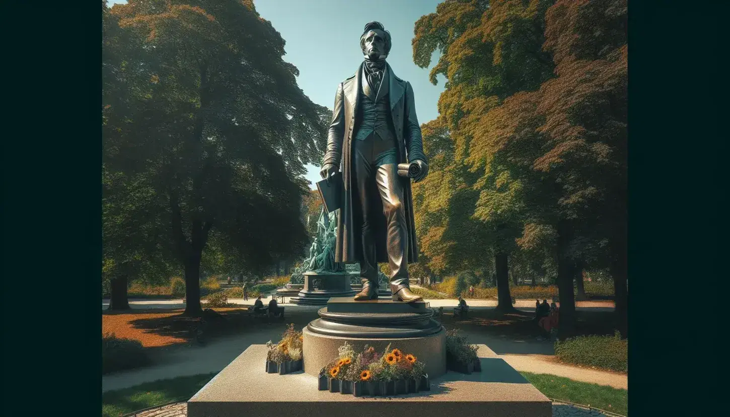 Estatua de bronce de hombre del siglo XIX con libro en mano y vestimenta de época, situada en parque con árboles y cielo azul.
