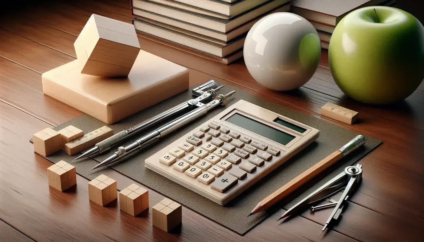 Organized wooden desk with a calculator, compasses, white marble, and stacked wooden blocks next to a green apple, in a serene classroom setting.