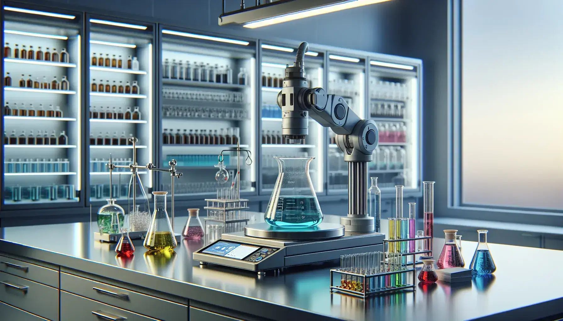 Laboratorio scientifico moderno con tavolo da lavoro, flaconi Erlenmeyer colorati, bilancia analitica digitale, braccio robotico e scaffalature con vasetti.