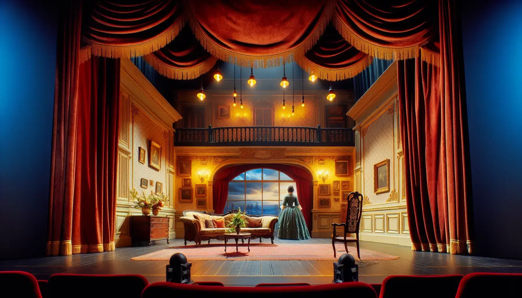 Escenario teatral con cortina de terciopelo rojo, iluminación cálida, decorado de sala de época, actriz y actor en vestuario de época posando.